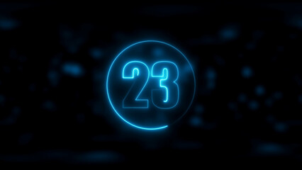 Blue Neon Number 23 Inside a Circle on a Dark Bokeh Background twenty three numeral
