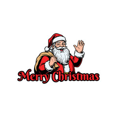 Cheerful Santa Claus waving with a sack, wishing a Merry Christmas.