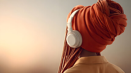 A person wearing a traditional head covering, listening to music on headphones, evoking feelings of serenity and cultural harmony. 