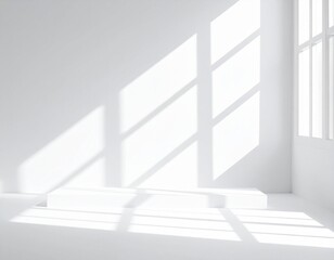 Obraz premium Minimalist White Room with Sunlight, Geometric Window Shadows, and Empty Display Pedestal
