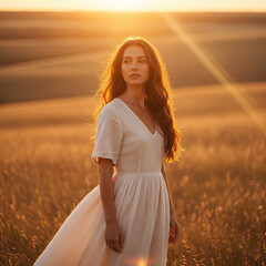 Serene Woman in Golden Hour Field By Generated AI