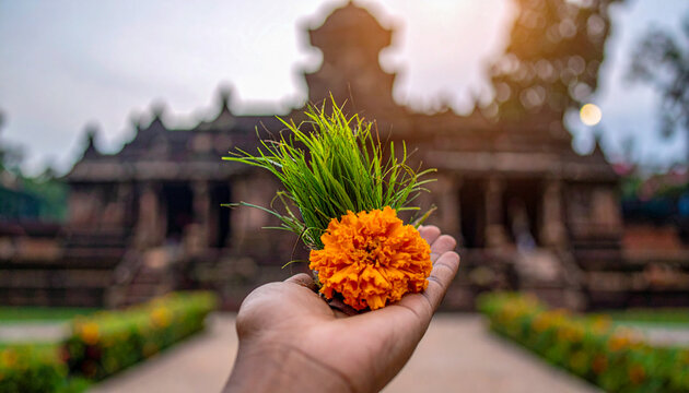 Hand Holding Marigold Flower and Durva Grass Offering at Hindu Temple
