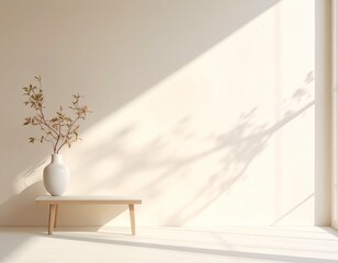 Serene Minimalist Interior with Vase, Bench, and Dynamic Sunlight Shadows on Warm Wall
