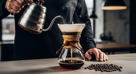 Pour-over coffee being brewed with a kettle, filter, and glass carafe.