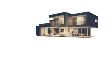 Modern House Interior Exterior Evening Warm Lighting 3D Render