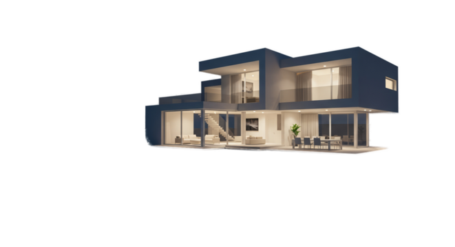 Modern House Interior Exterior Evening Warm Lighting 3D Render