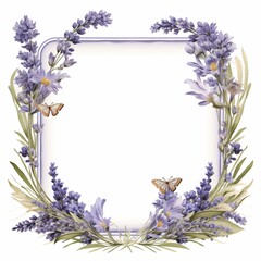 Elegant square gold frame adorned with blooming lavender, delicate wildflowers, and fluttering butterflies on a clean white background, creating a romantic and serene botanical design