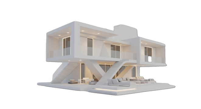 Modern White House With Glass Balconies Illuminated At Dusk