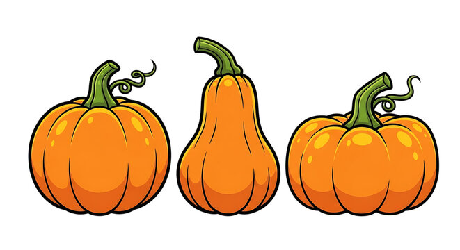 Three orange pumpkins of different shapes isolated on transparent background