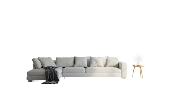 Modern White Sectional Sofa with Dark Throw Blanket and Plant Decor