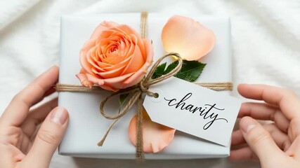 Hands holding a gift wrapped with a rose and a charity tag - Powered by Adobe