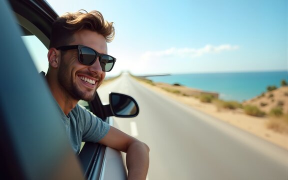 Fototapeta Happy young man on a road trip leaning out of the car window to see the coastal route and sea view , male enjoying roadtrip holidays on seaside road, Generative AI. High quality