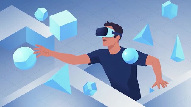 Man in VR Headset Interacting with Virtual Geometric Shapes in a Digital Environment.