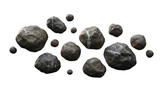 Collection of varied grey rocks and pebbles isolated on transparent background