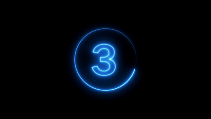 Blue Neon Number 3 Inside a Circle on Black Background three