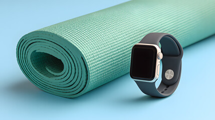 A yoga mat and a smartwatch placed against a light blue backdrop. A fitness and tech still life scene showing wellness elements. 