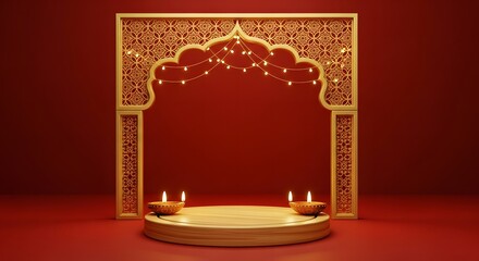 Diwali celebration background with podium and decorative arch.