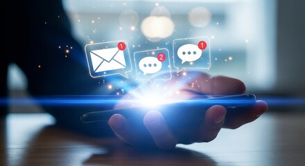 Hand holding smartphone with email and chat notifications glowing with bright light effects over it