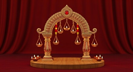 Golden Archway with Oil Lamps and Red Backdrop.