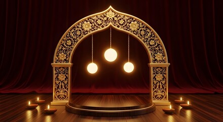 Elegant Diwali Display with Ornate Arch and Glowing Diyas.