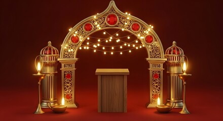 Ornate Golden Archway with Red Gems and Candlelit Lanterns.