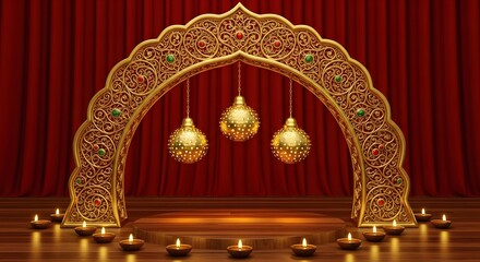 Festive Golden Archway with Ornaments and Candlelight Ambiance.