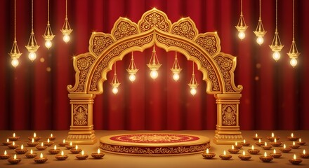 Elegant Indian Wedding Stage Decoration with Lights and Red Backdrop.