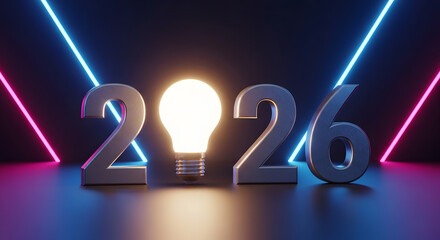 The year 2026 with a glowing lightbulb, symbolizing bright ideas and innovation for the New Year, set against a futuristic neon background.