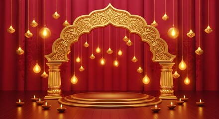 Elegant Diwali Stage Setup with Golden Arch and Lights.