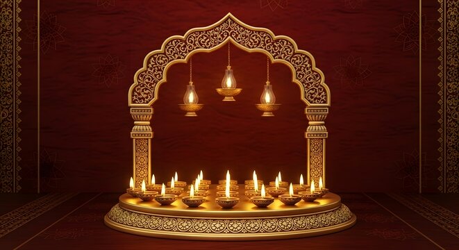Diwali celebration with illuminated oil lamps and ornate archway.