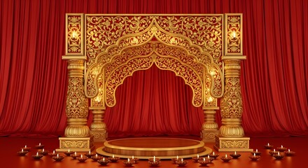 Ornate Golden Wedding Stage with Red Curtain Backdrop.