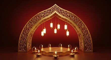 Elegant Ramadan Display with Golden Arch and Lanterns.