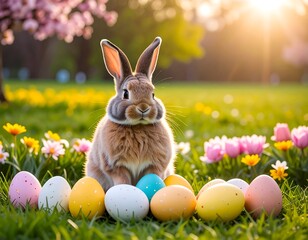 Adorable bunny sits amongst painted eggs in a sunlit spring meadow