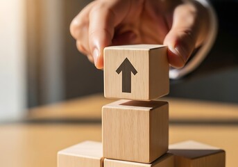 Wooden blocks stacked with an arrow pointing up, symbolizing growth.