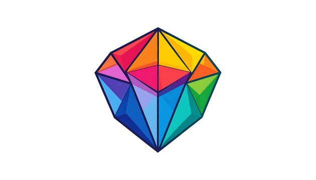 A vibrant, multicolored geometric gem icon on a stark white background