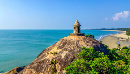 Historic Sentinel on a Rocky Hill at the Edge of the Tropical Beach