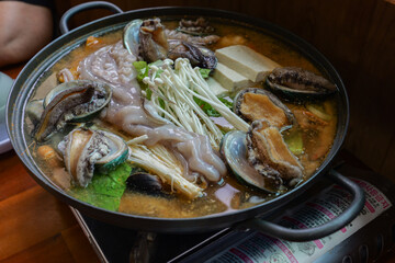 Seafood hotpot at a restaurant in Jeju Island.