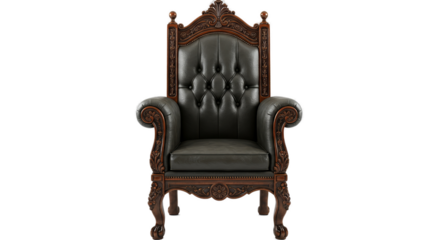 Ornate Black Leather Throne Chair Luxury Royal Furniture Isolated