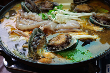 Seafood hotpot at a restaurant in Jeju Island.