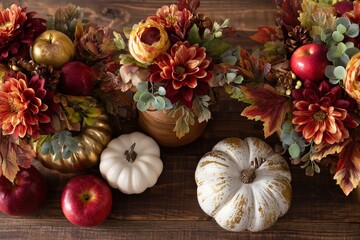 Autumnal centerpiece arrangements featuring pumpkins, apples, and vibrant fall flowers on a rustic wooden table.