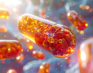 Close-up of a transparent pill filled with colorful, glowing spheres and granules