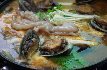 Seafood hotpot at a restaurant in Jeju Island.