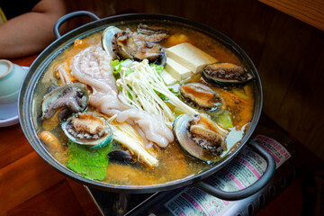 Seafood hotpot at a restaurant in Jeju Island.