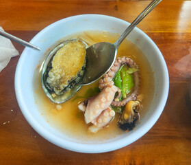 Seafood hotpot at a restaurant in Jeju Island.