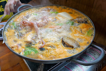 Seafood hotpot at a restaurant in Jeju Island.