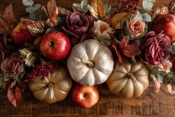 A close-up display of autumnal gourds, vibrant apples, and elegant floral arrangements arranged on a rustic wooden surface.