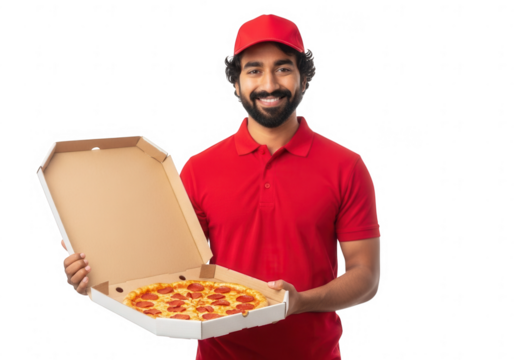 Smiling pizza delivery man holding open pizza box isolated on transparent background, ready to serve customers