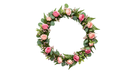 Oval floral wreath with pink roses and eucalyptus leaves isolated on transparent background