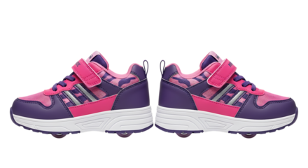 Pair of pink and purple roller shoes for children isolated on transparent background