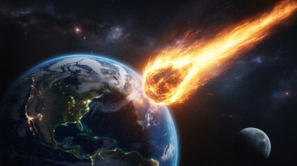 A fiery asteroid hurtles towards earth, a cosmic collision looms as the celestial body streaks across the sky, threatening impact and potential devastation.